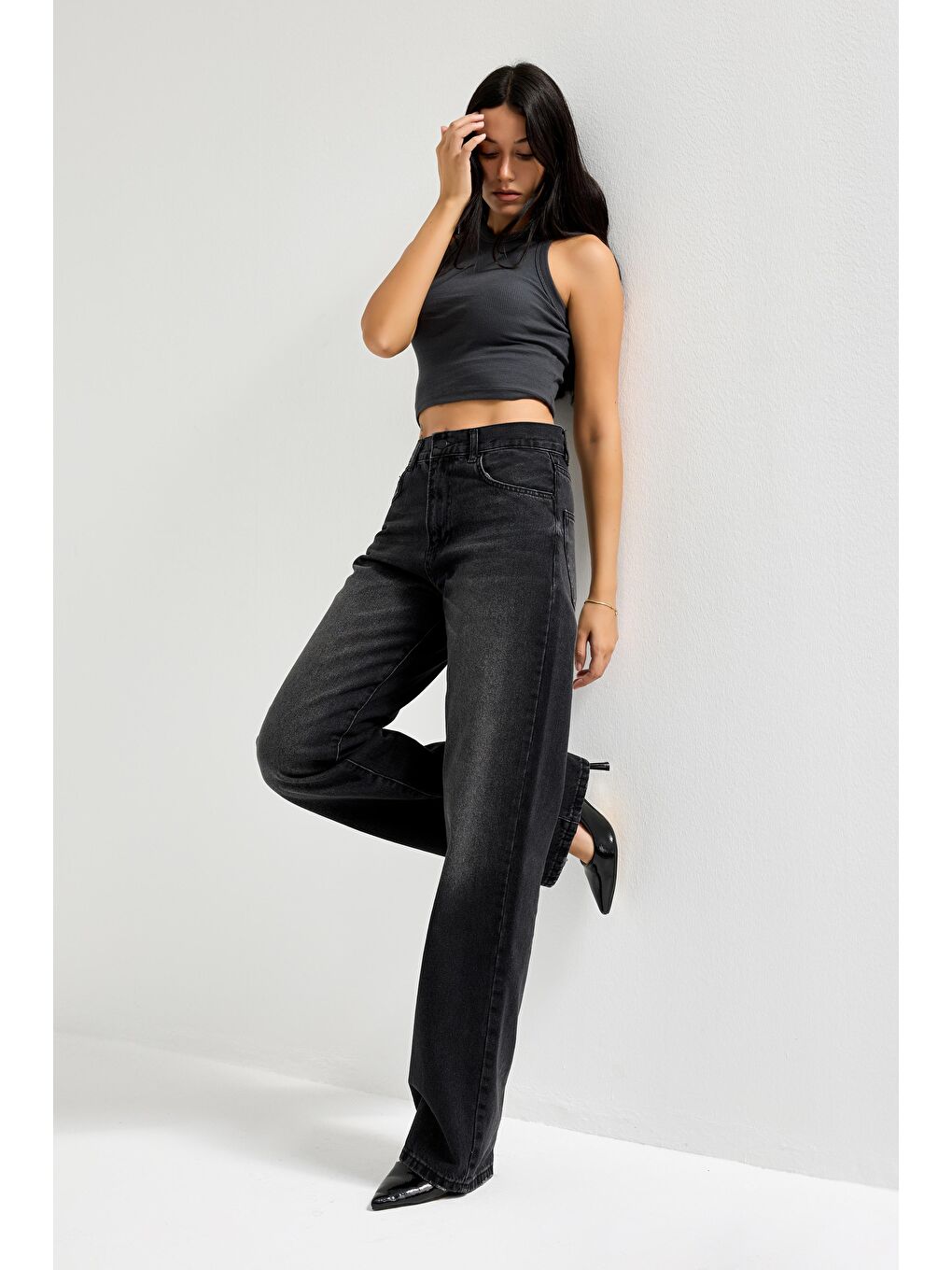 Gri Kadın Koyu Füme Renk 2s6-1 Loose Fit Orta Bel %100 Pamuk Denim Jean-1