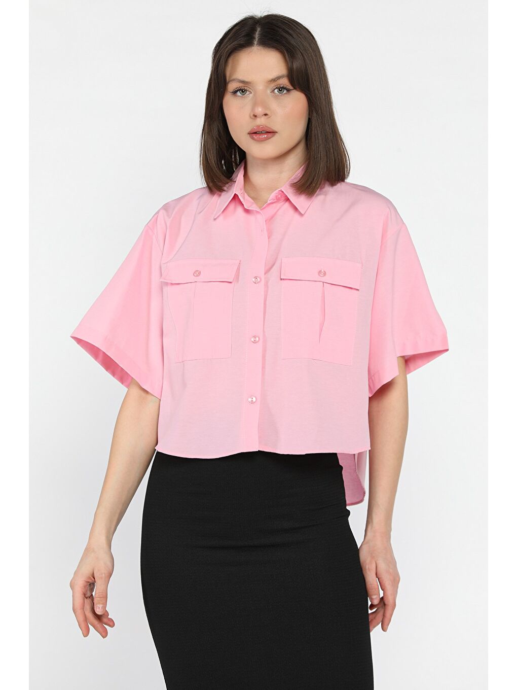 Pembe Kadın Çift Cepli Kısa Kol Gömlek-1