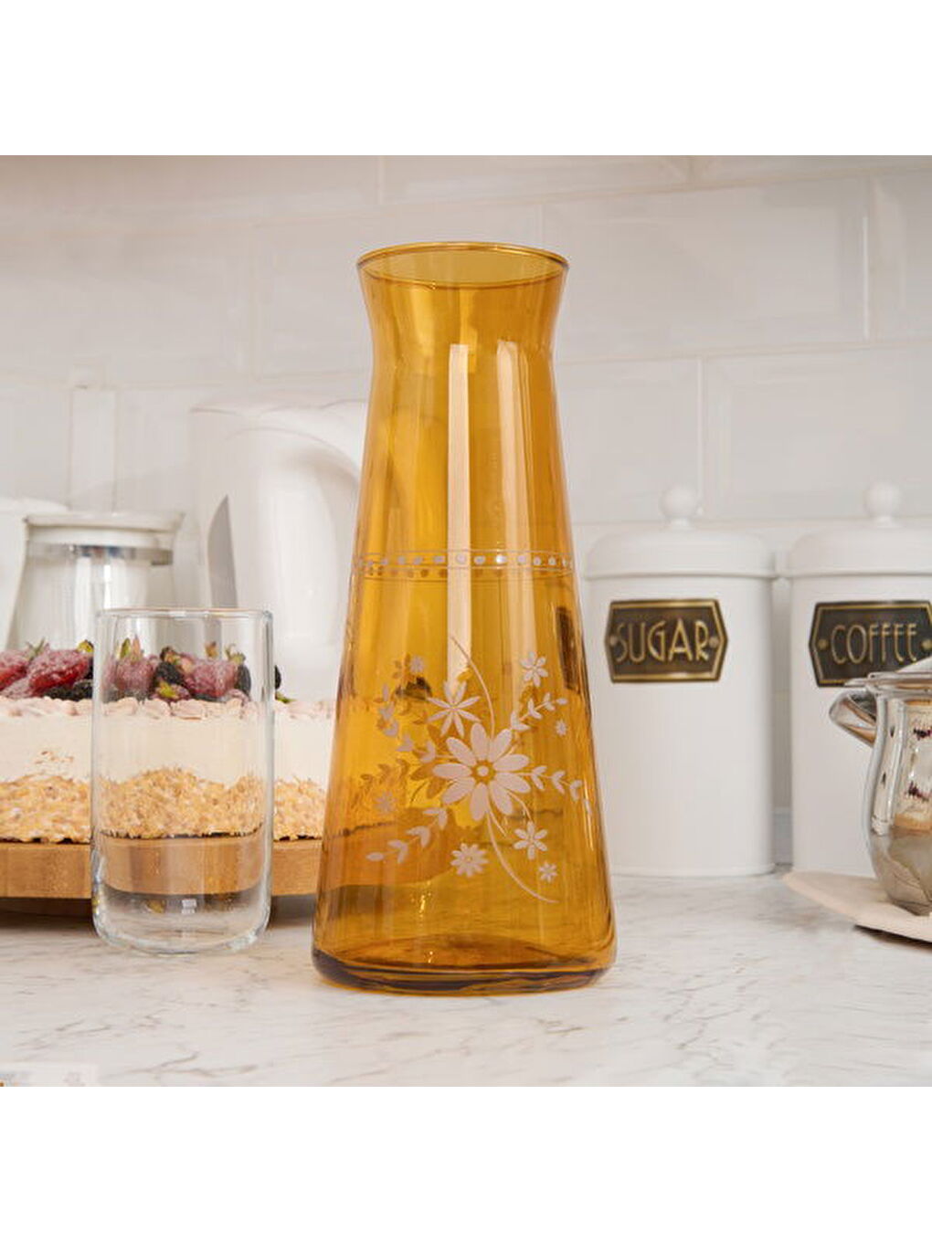 Sarı Nazenin Desen Karaf - Amber - 1145 ml