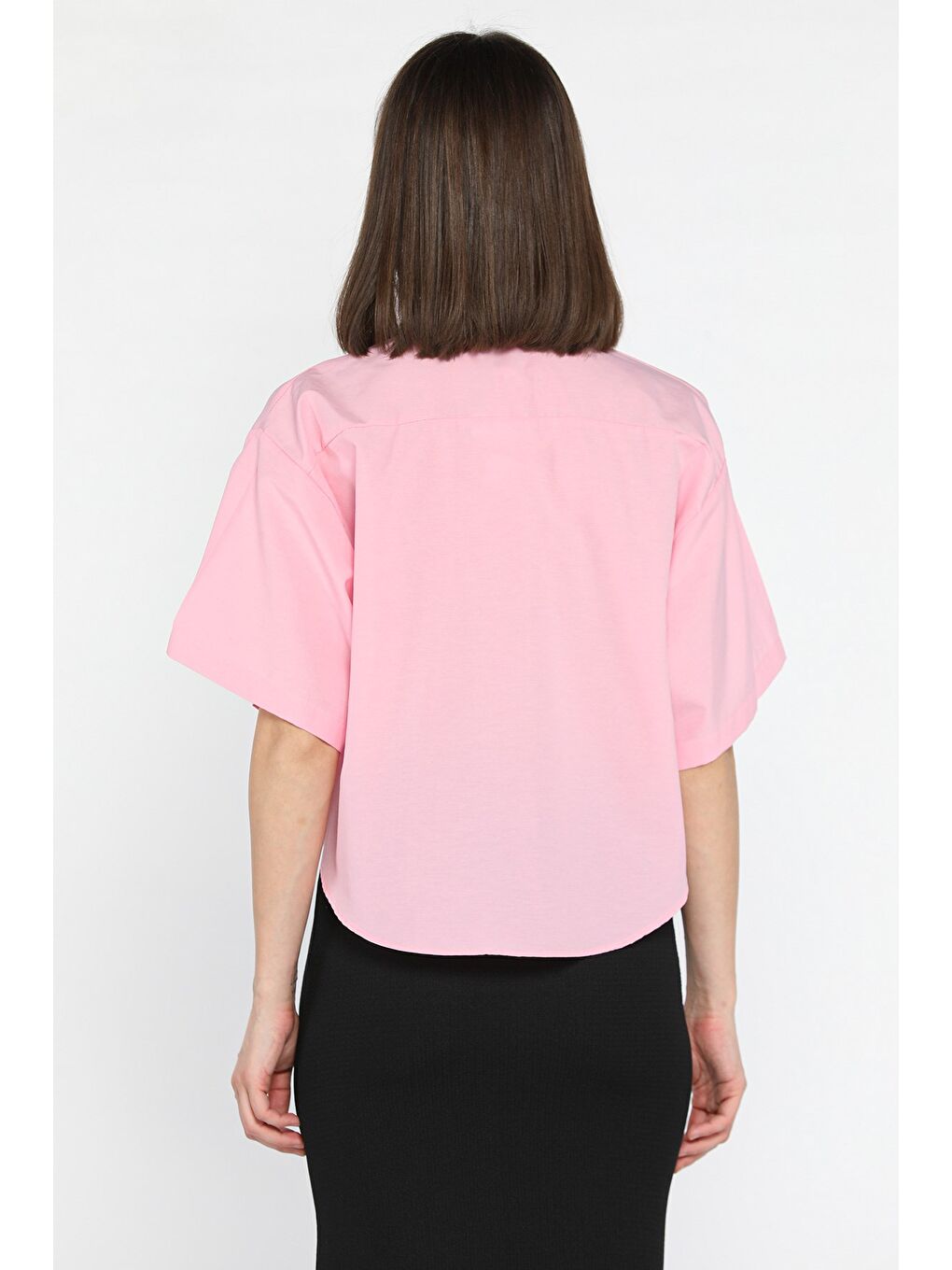 Pembe Kadın Çift Cepli Kısa Kol Gömlek-2