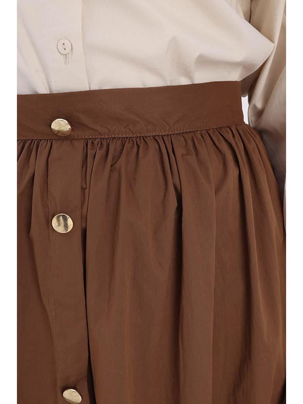 Kahverengi Taba-Düğme Detaylı Pileli Etek-4
