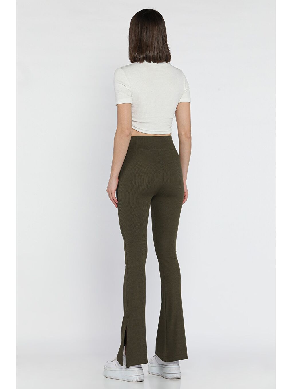 Haki Kadın İspanyol Paça Yırtmaç Detaylı Yüksek Bel Fitilli Tayt-2