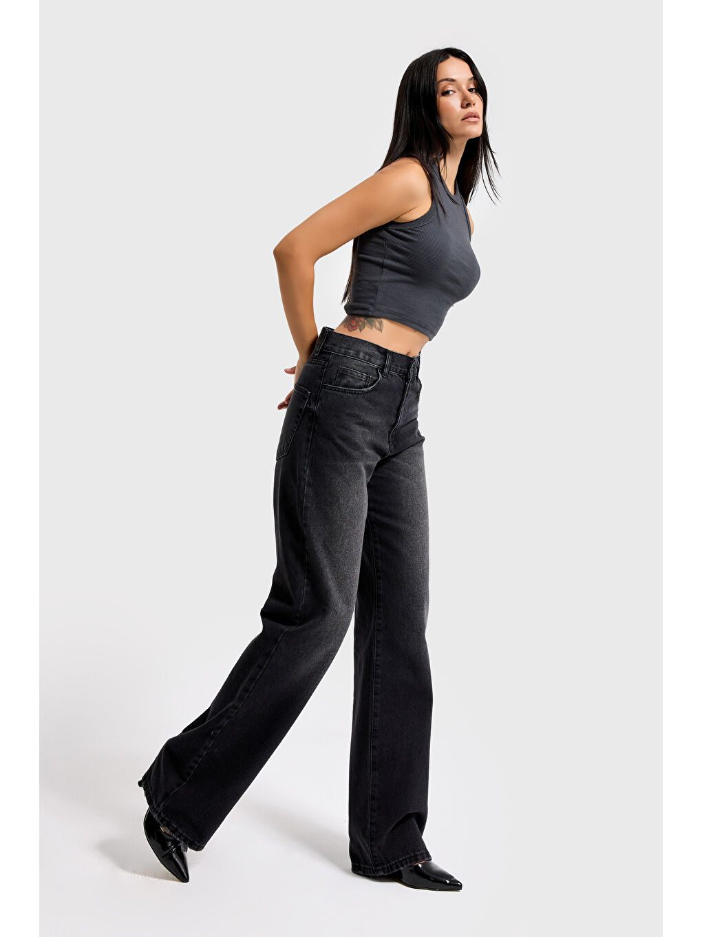 Gri Kadın Koyu Füme Renk 2s6-1 Loose Fit Orta Bel %100 Pamuk Denim Jean-3