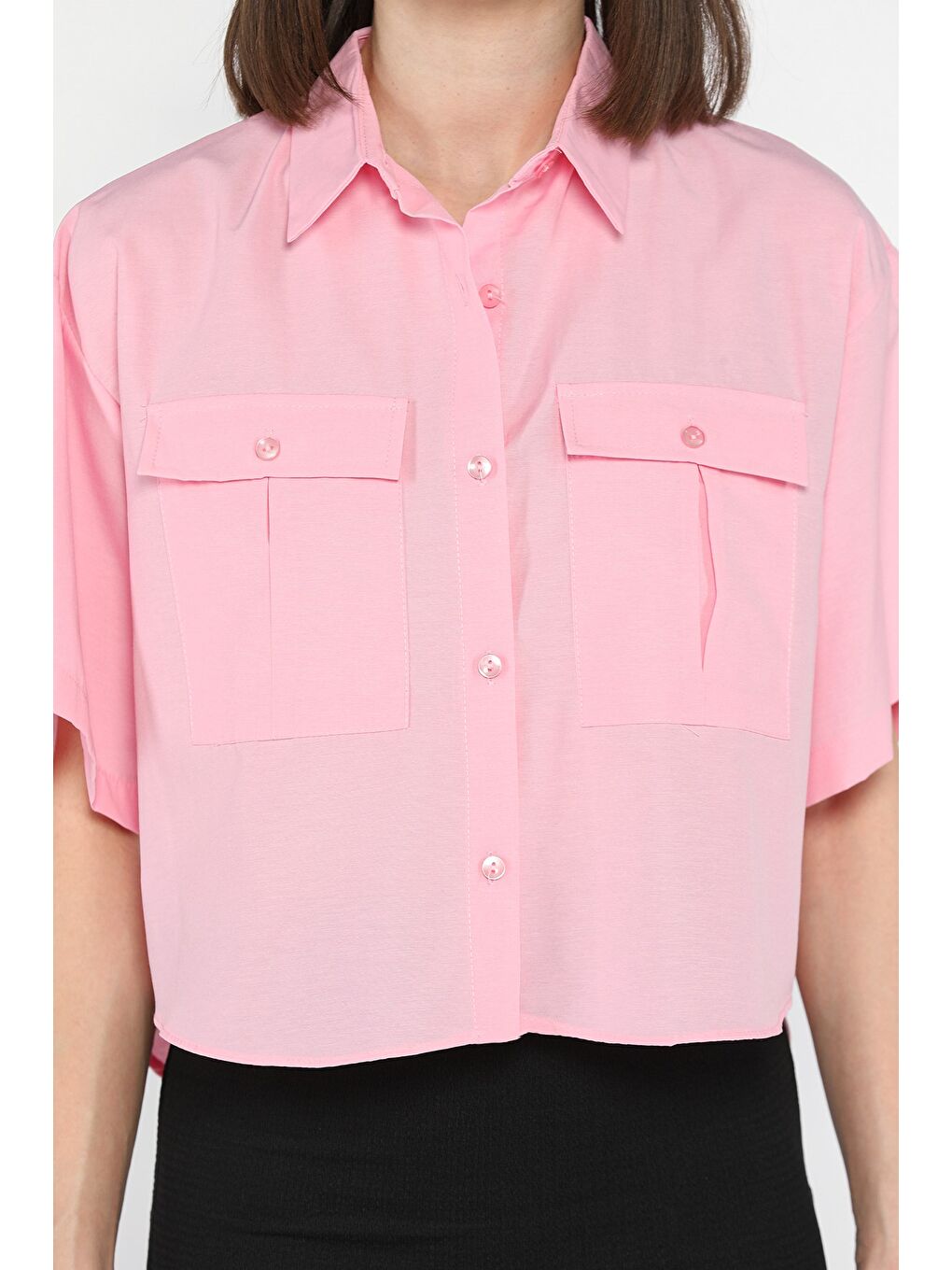 Pembe Kadın Çift Cepli Kısa Kol Gömlek-3