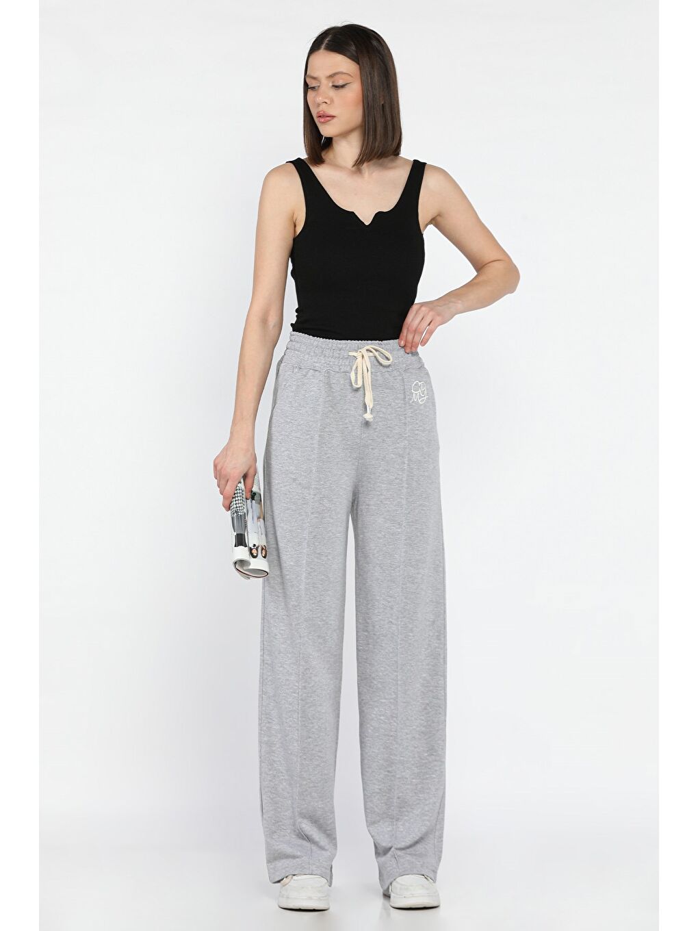 Gri Kadın Yüksek Bel Çimalı Palazzo Eşofman Altı-1