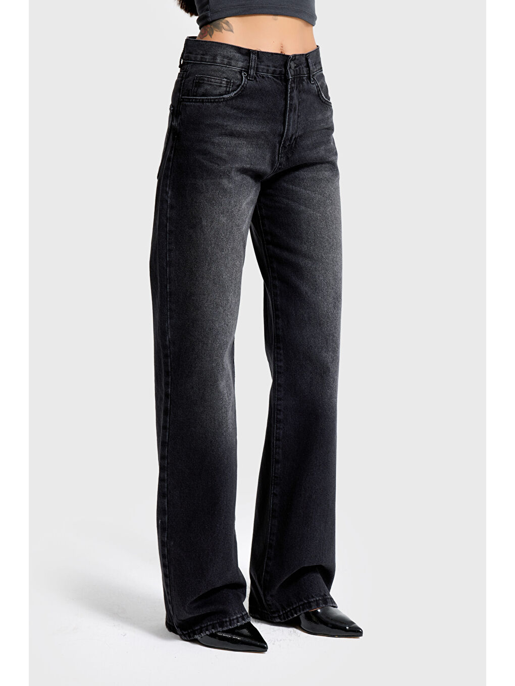 Gri Kadın Koyu Füme Renk 2s6-1 Loose Fit Orta Bel %100 Pamuk Denim Jean-4