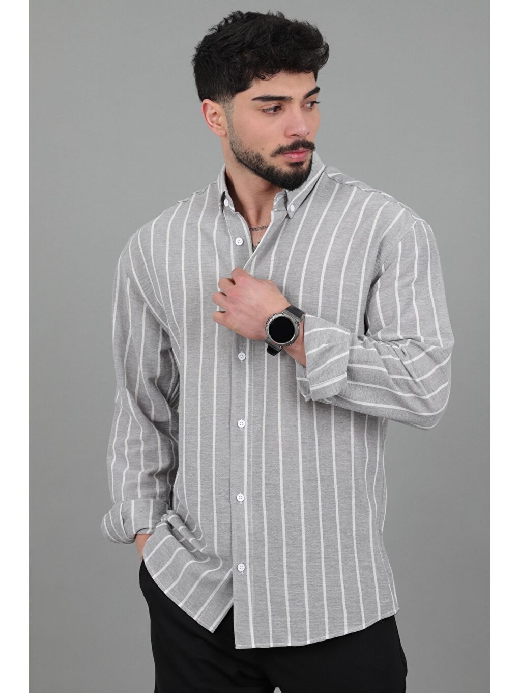 Gri Şile Çizgili Oversize Uzun Kol Yazlık Gömlek MRS 226_40418-1