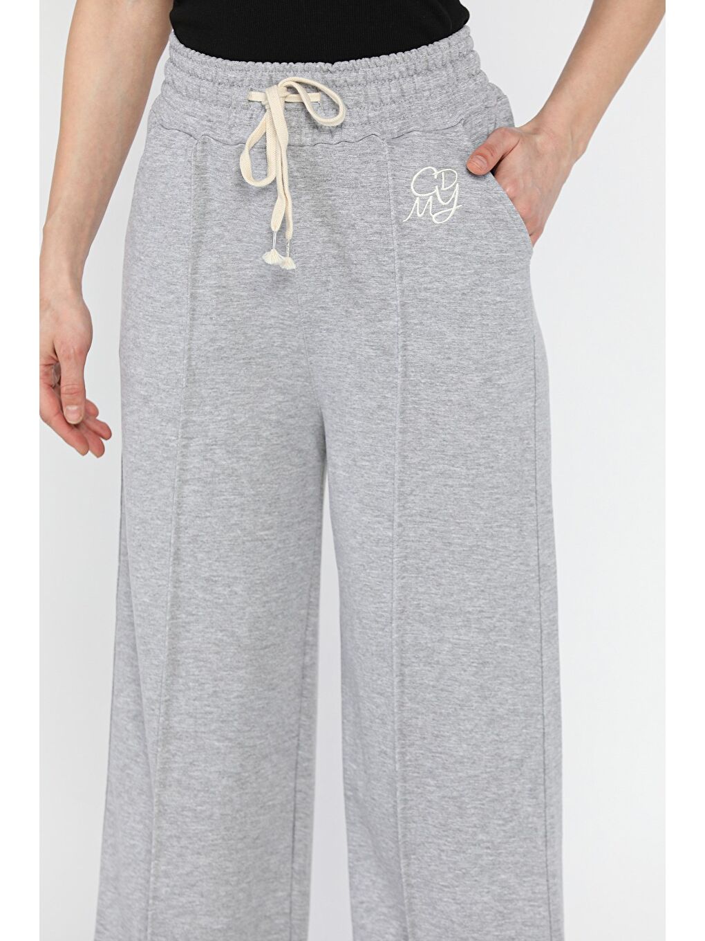 Gri Kadın Yüksek Bel Çimalı Palazzo Eşofman Altı-3