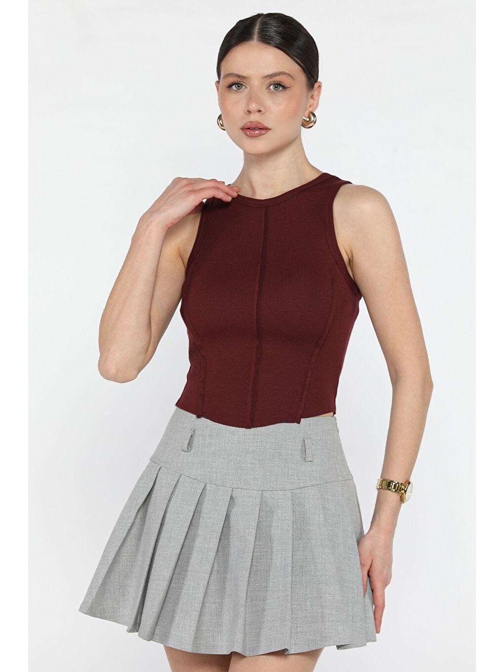 Bordo Kadın Bisiklet Yaka Parçalı Elastanlı Bluz-1