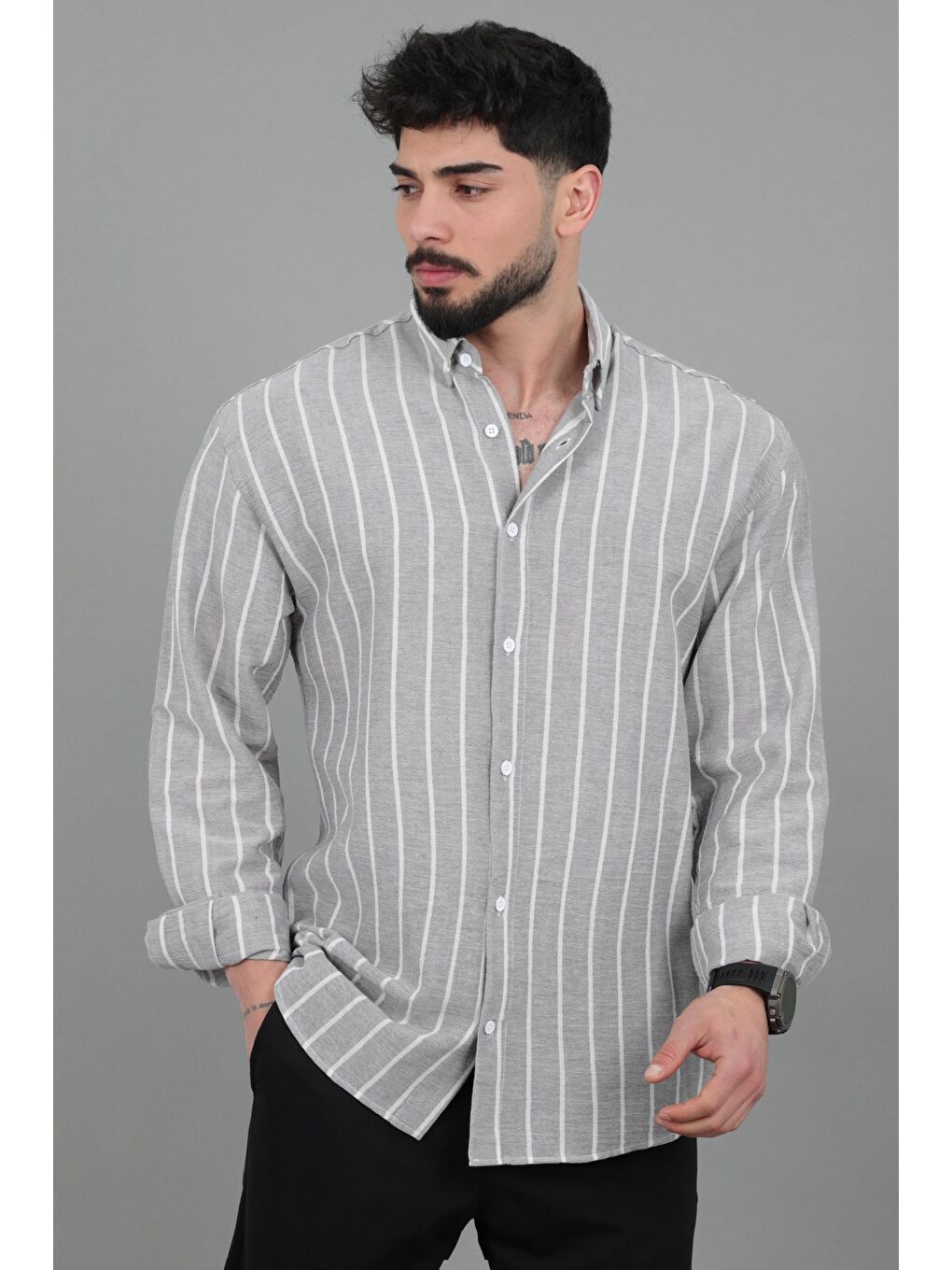 Gri Şile Çizgili Oversize Uzun Kol Yazlık Gömlek MRS 226_40418-2