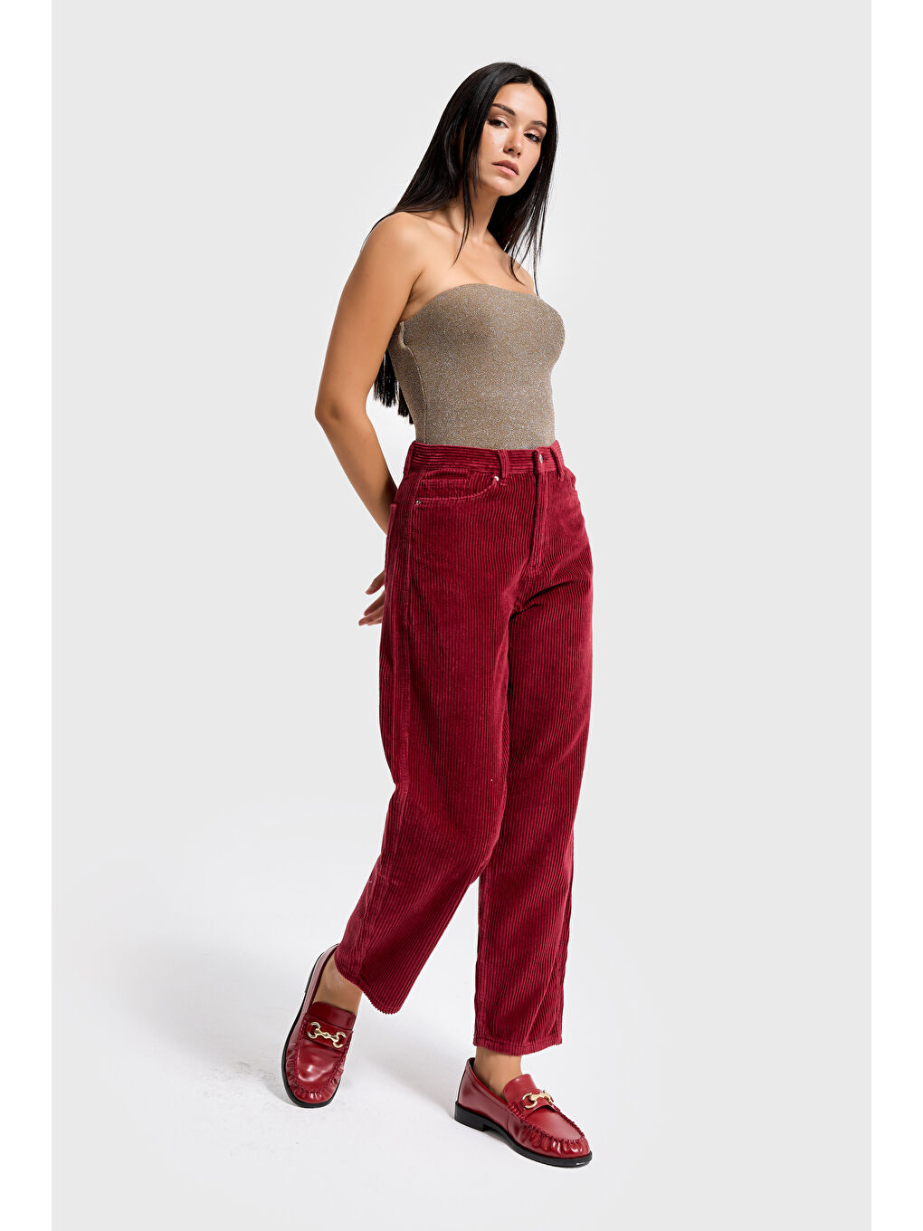 Kadın Bordo Renk 26w5-35 Relax Fit Kalın Fitilli Velvet Kadife Kumaş Pantolon-1