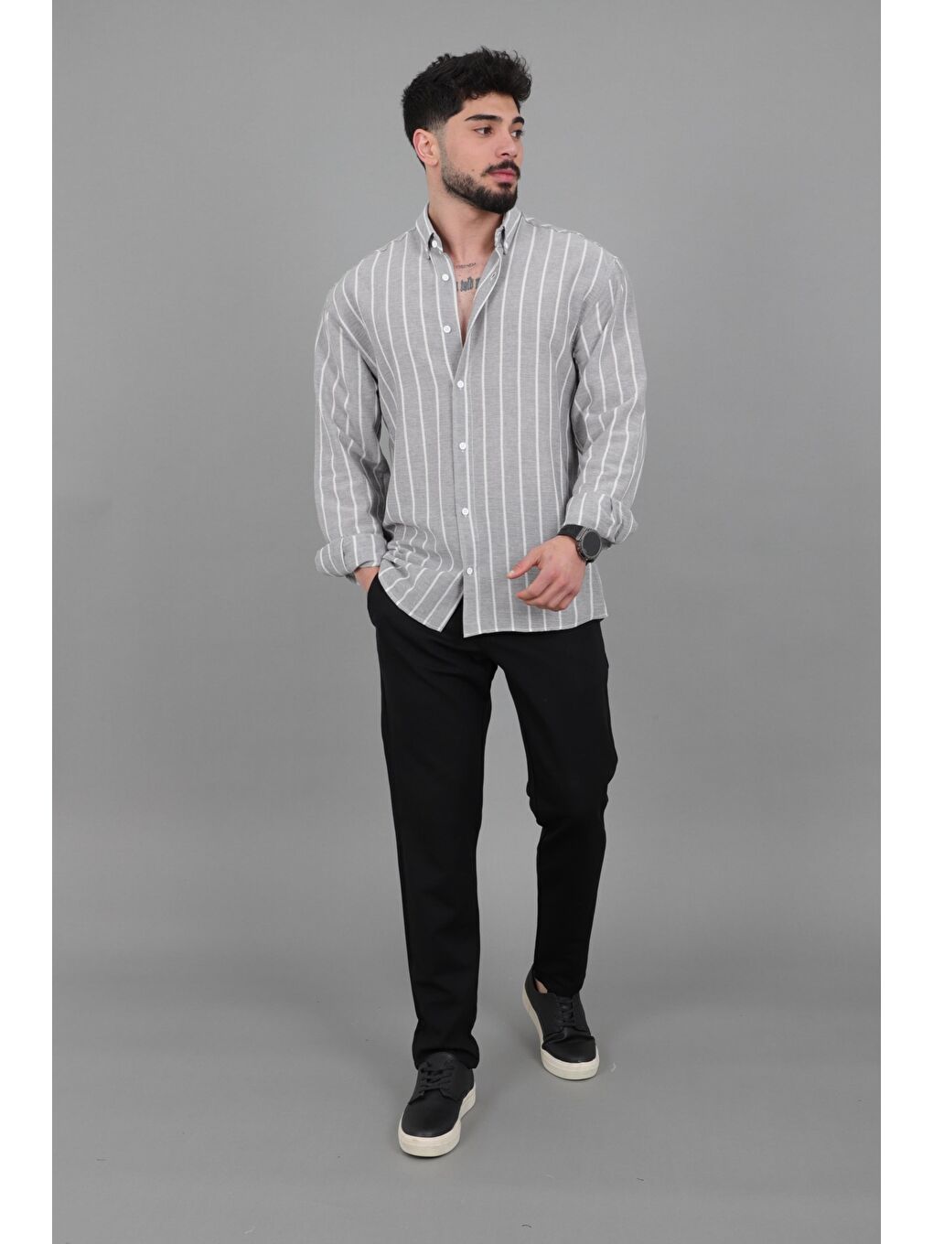 Gri Şile Çizgili Oversize Uzun Kol Yazlık Gömlek MRS 226_40418-3