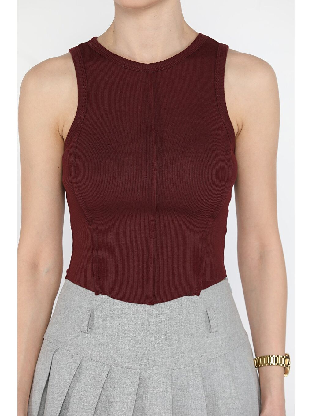 Bordo Kadın Bisiklet Yaka Parçalı Elastanlı Bluz-3