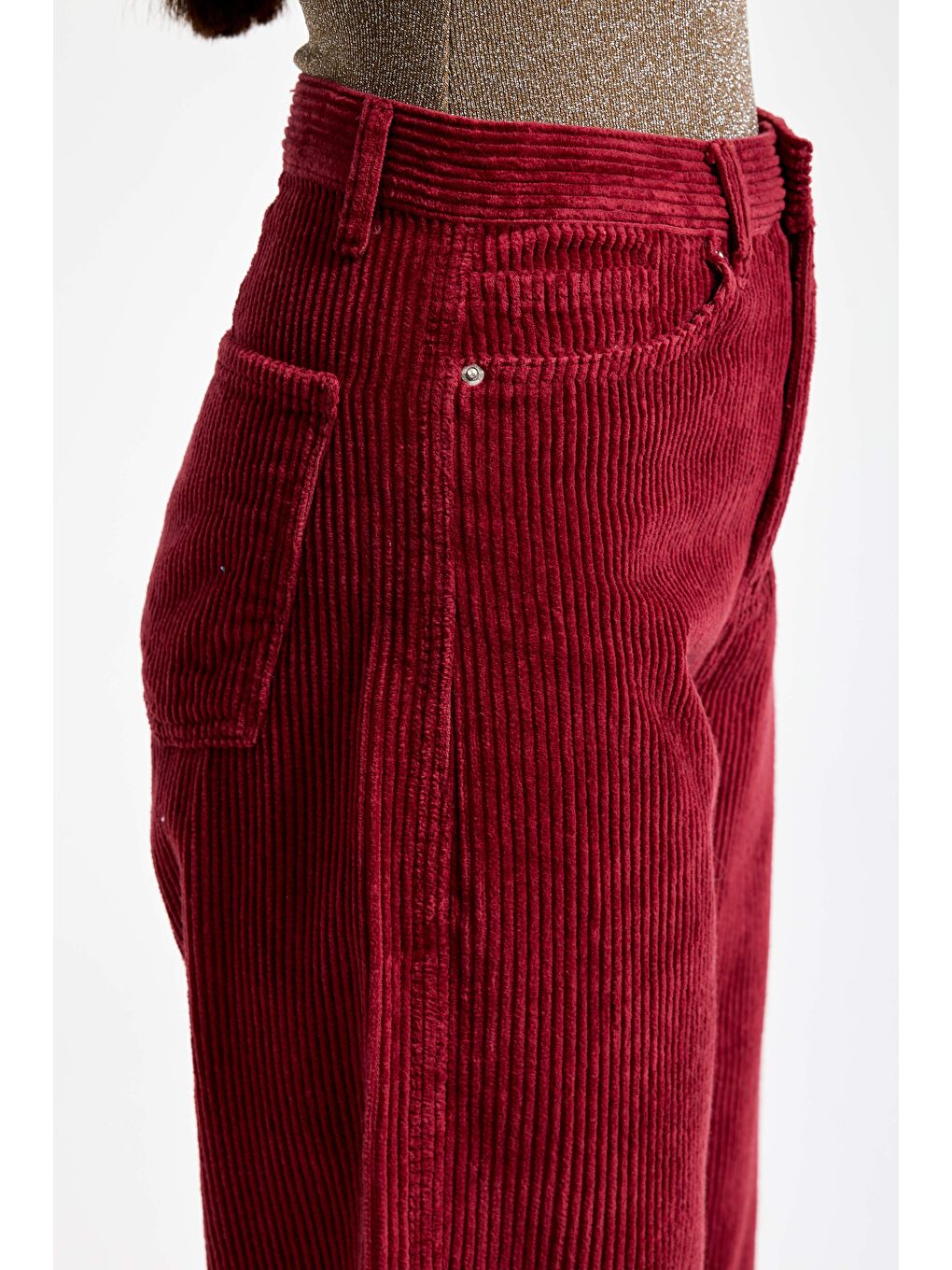 Kadın Bordo Renk 26w5-35 Relax Fit Kalın Fitilli Velvet Kadife Kumaş Pantolon-2