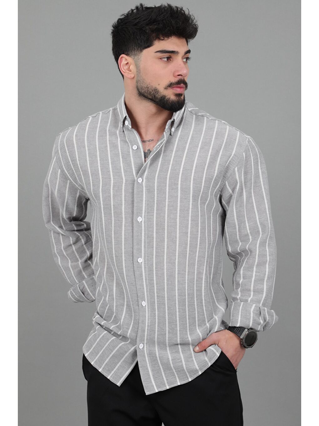 Gri Şile Çizgili Oversize Uzun Kol Yazlık Gömlek MRS 226_40418-4