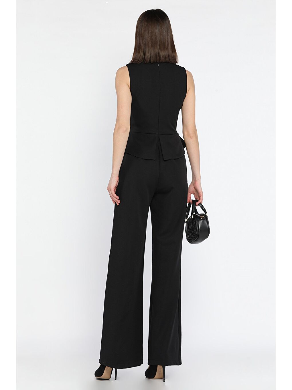 Siyah Kadın Düğme Detaylı Sıfır Kol Tulum-3