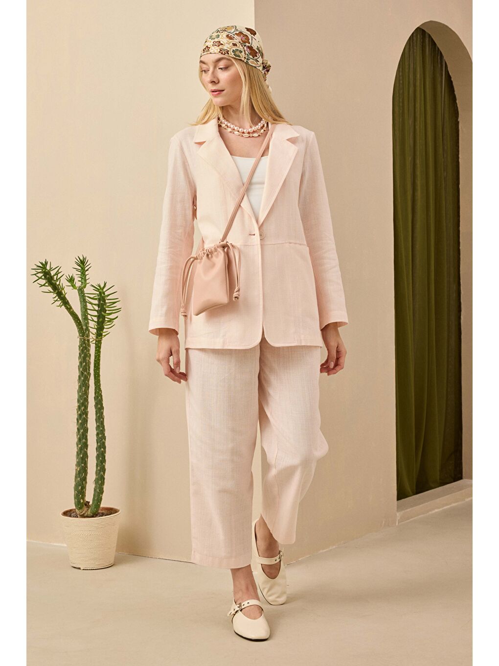 Keten Blazer Ceket Soft Pembe