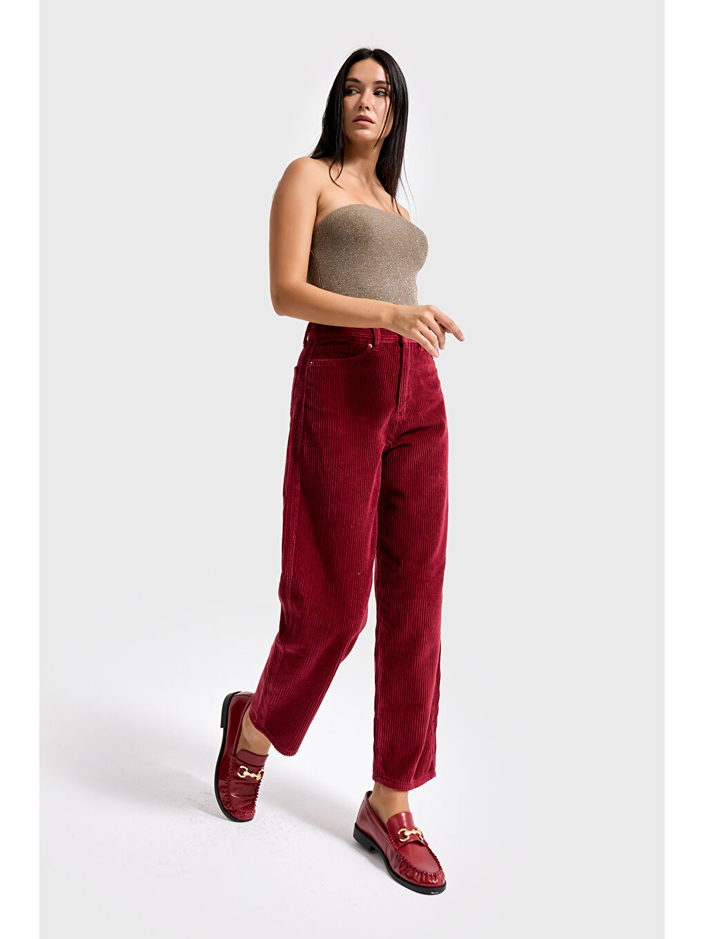Kadın Bordo Renk 26w5-35 Relax Fit Kalın Fitilli Velvet Kadife Kumaş Pantolon-4