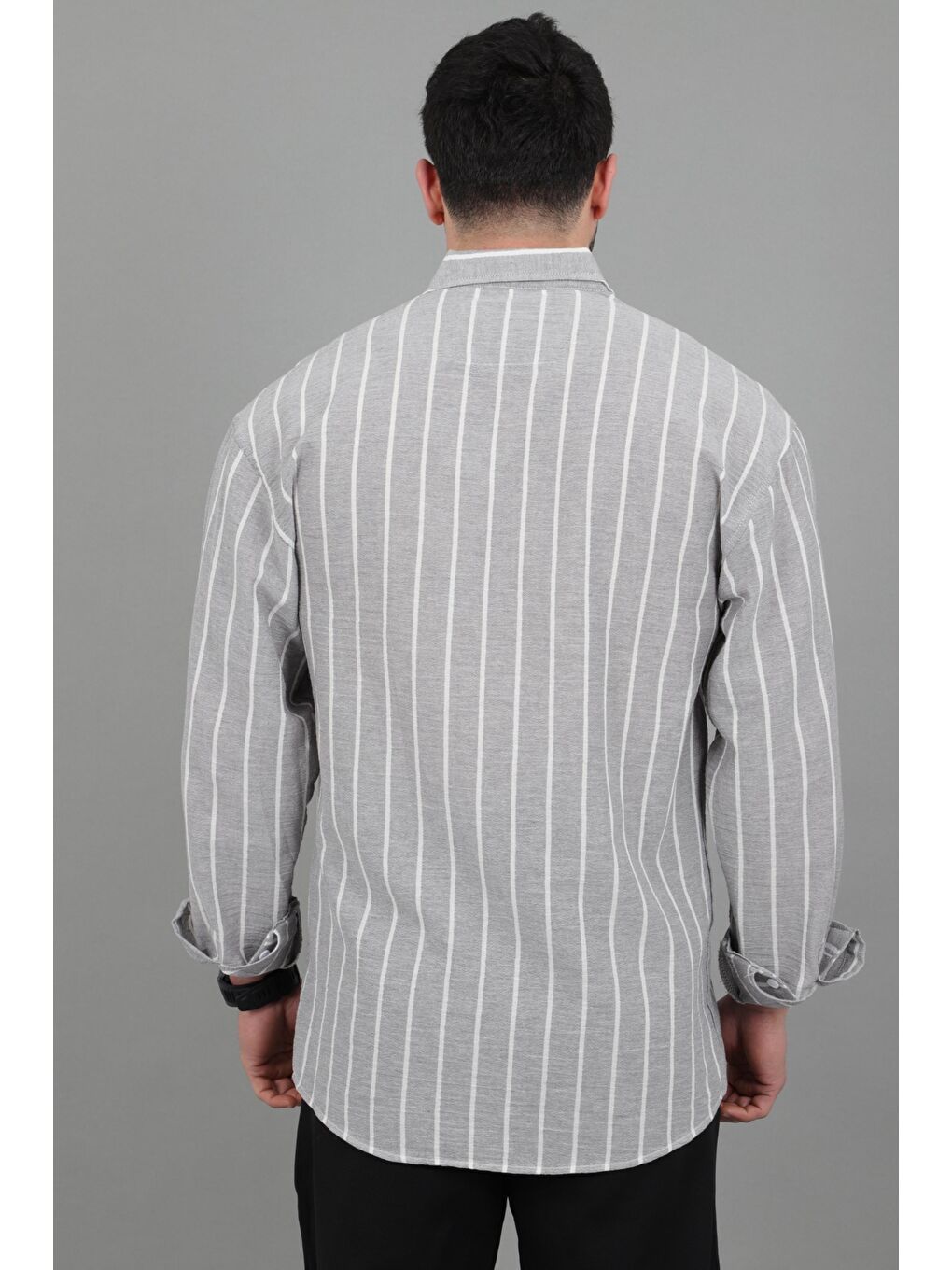 Gri Şile Çizgili Oversize Uzun Kol Yazlık Gömlek MRS 226_40418-5
