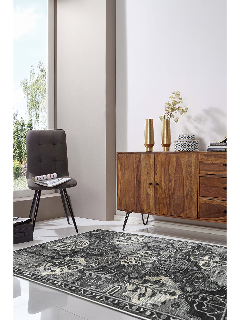Homefesto Siyah Dekoratif Özel Tasarım Yıkanabilir İnce Kaymaz Tabanlı Modern Halı KECE FR13 - 2