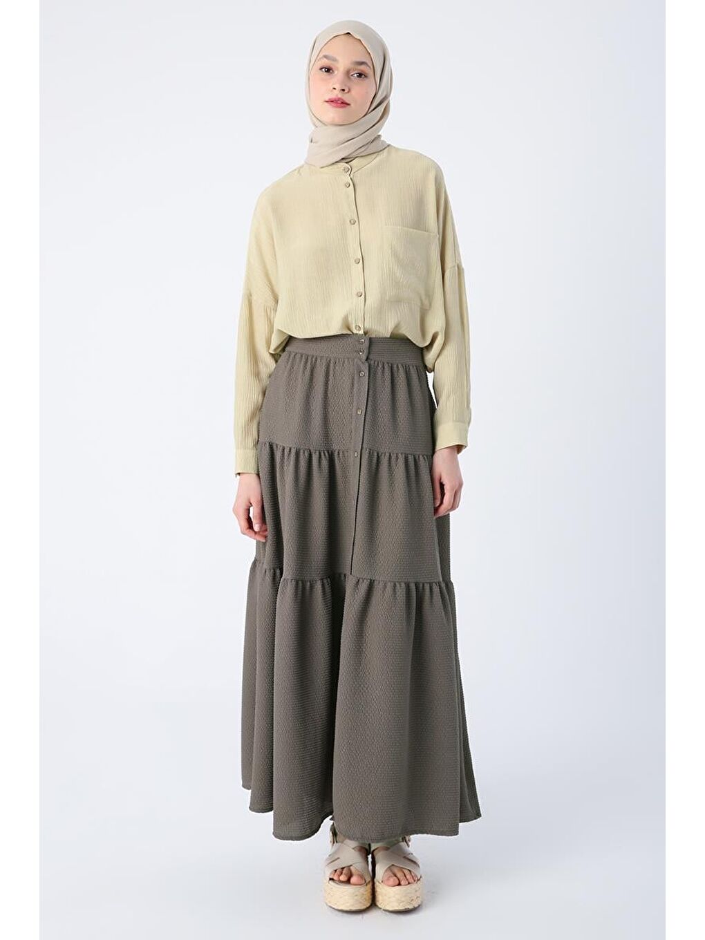 Asker Haki-Düğmeli Beli Lastikli Fırfırlı Bürümcük Etek-1