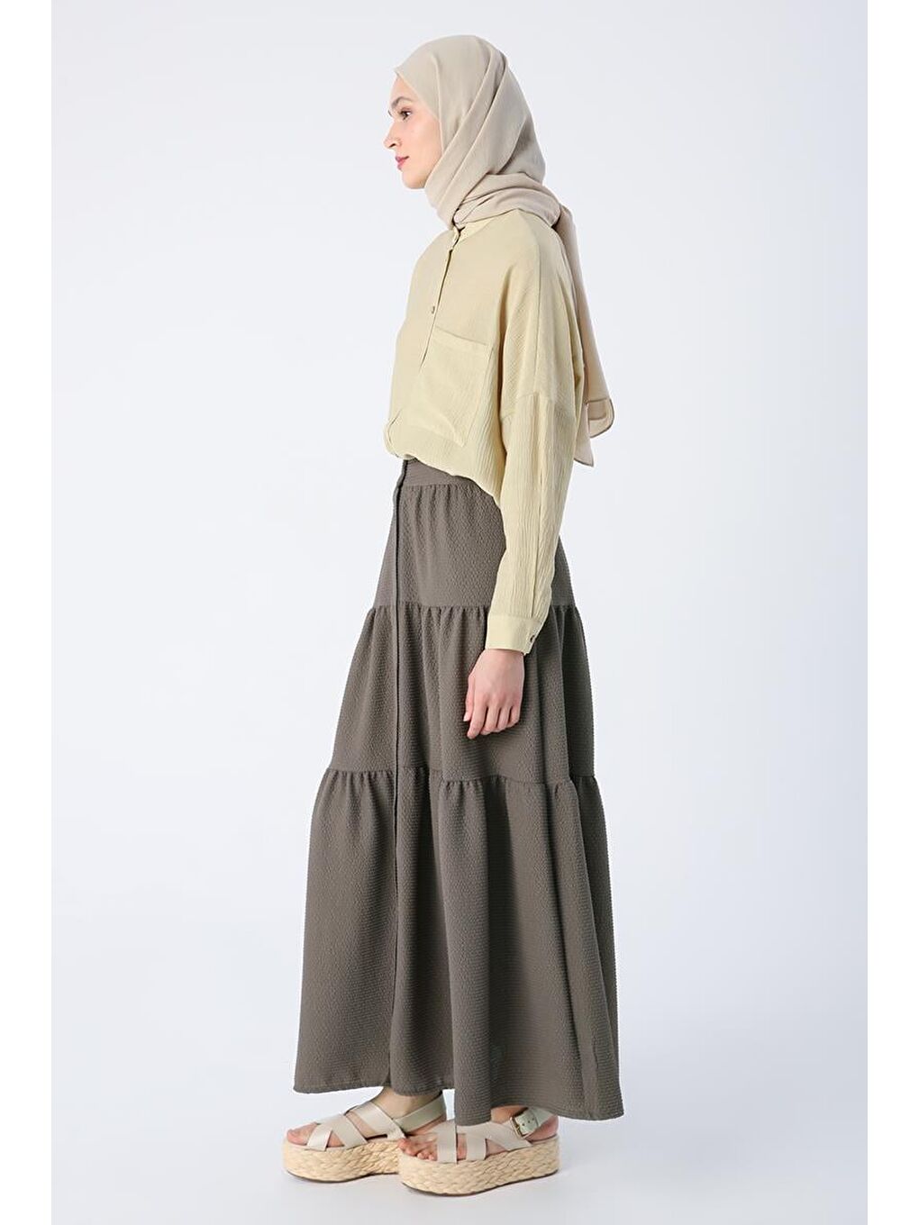 Asker Haki-Düğmeli Beli Lastikli Fırfırlı Bürümcük Etek-2