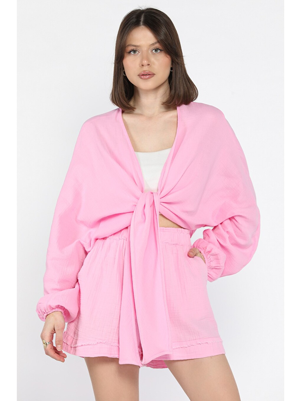 Pembe Kadın Yarasa Kol Ön Bağlamalı Bluz