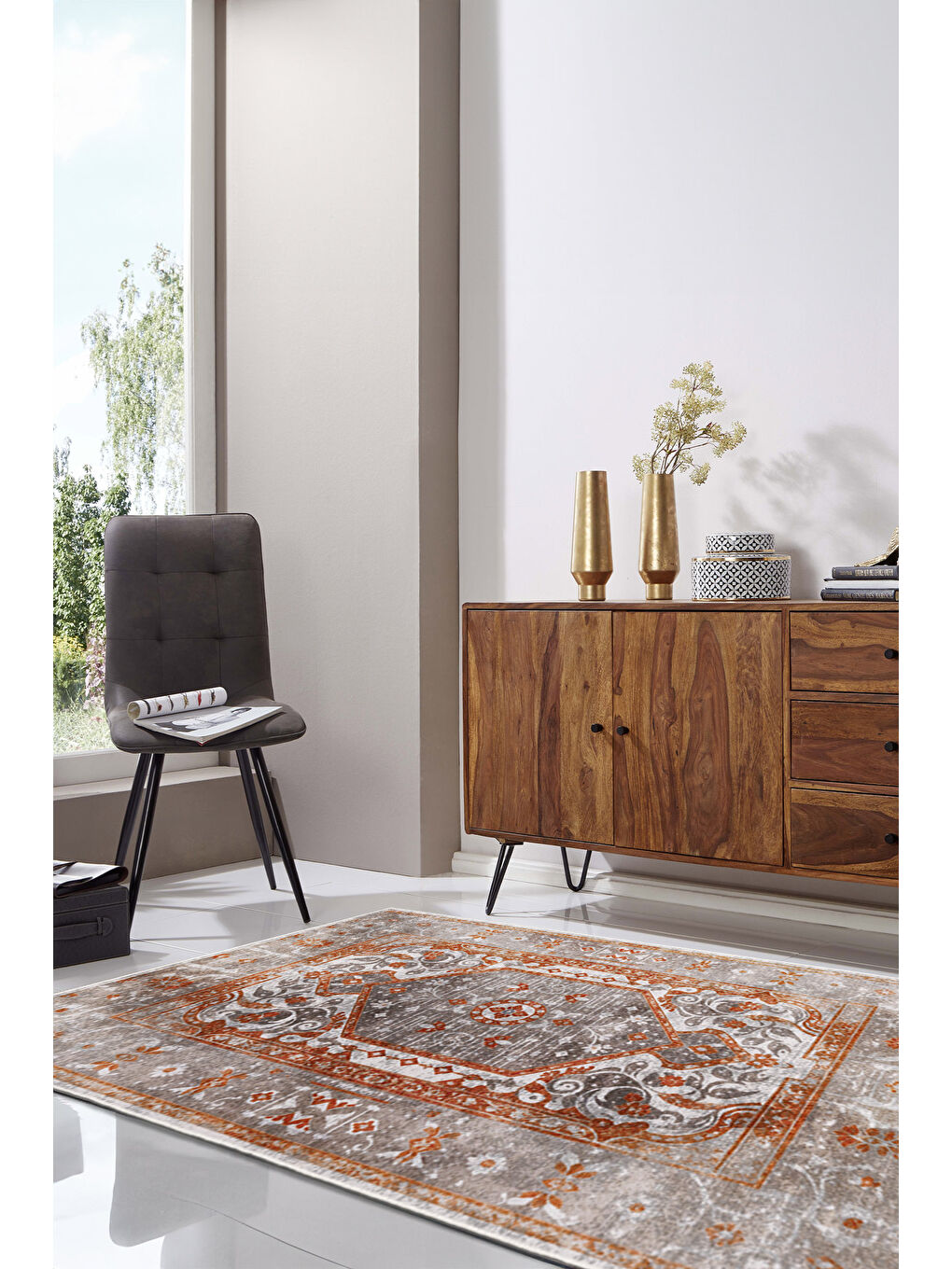 Turuncu Dekoratif Özel Tasarım Yıkanabilir İnce Kaymaz Tabanlı Modern Halı KECE FR12-2