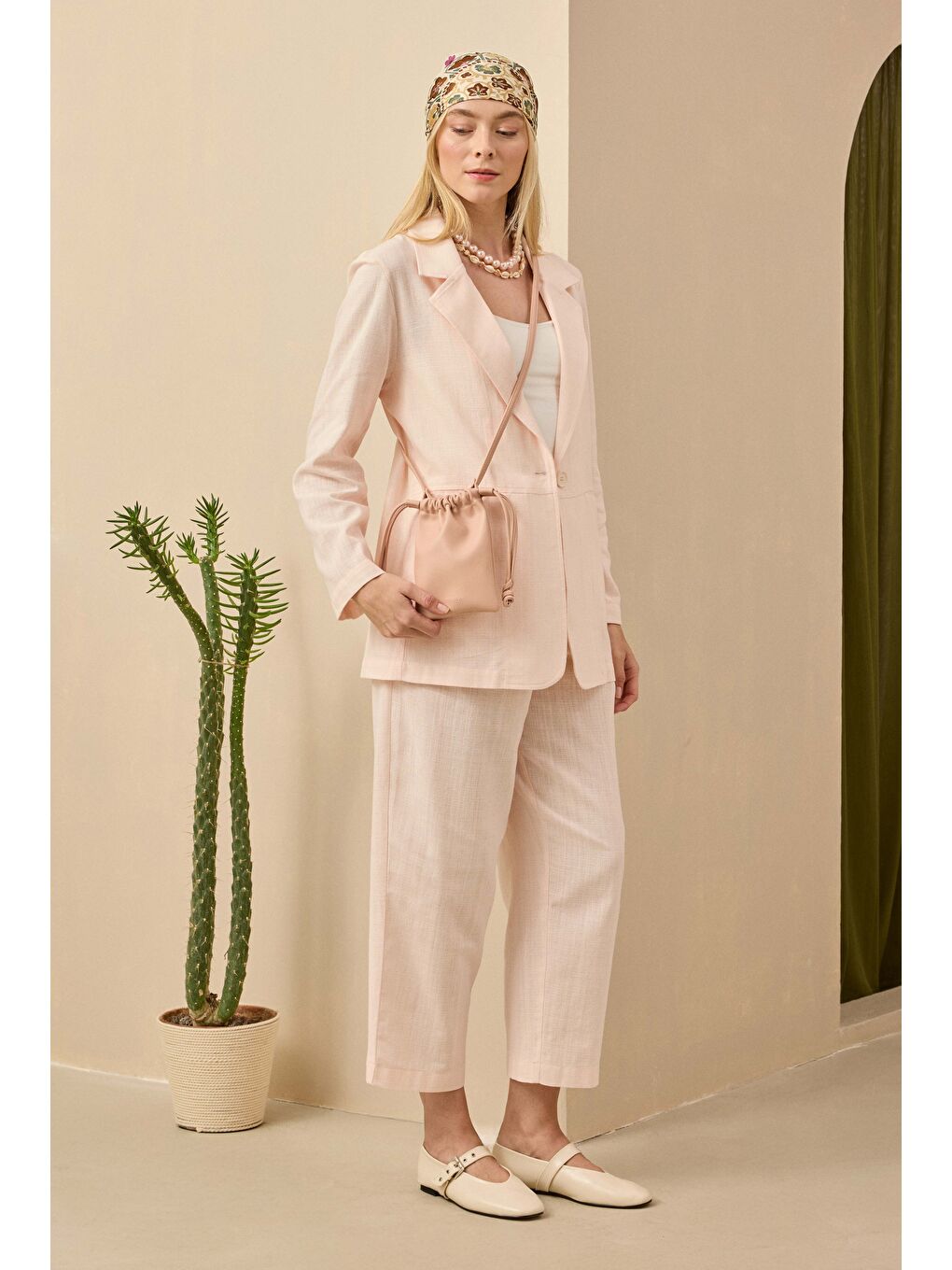 Keten Blazer Ceket Soft Pembe-4