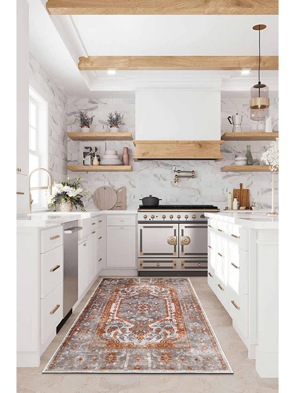 Turuncu Dekoratif Özel Tasarım Yıkanabilir İnce Kaymaz Tabanlı Modern Halı KECE FR12-4