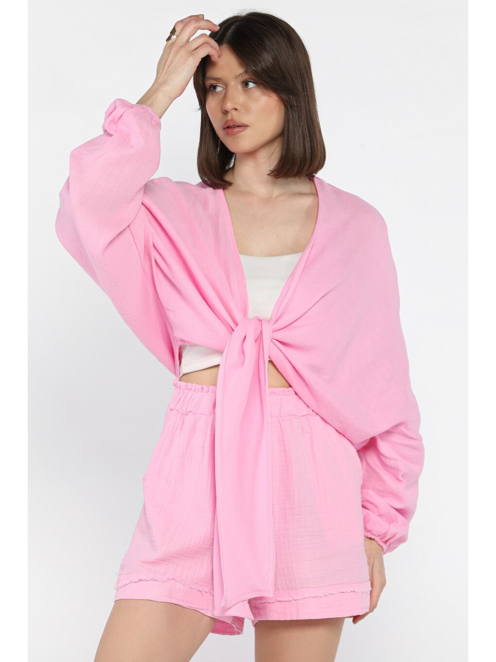 Pembe Kadın Yarasa Kol Ön Bağlamalı Bluz-1