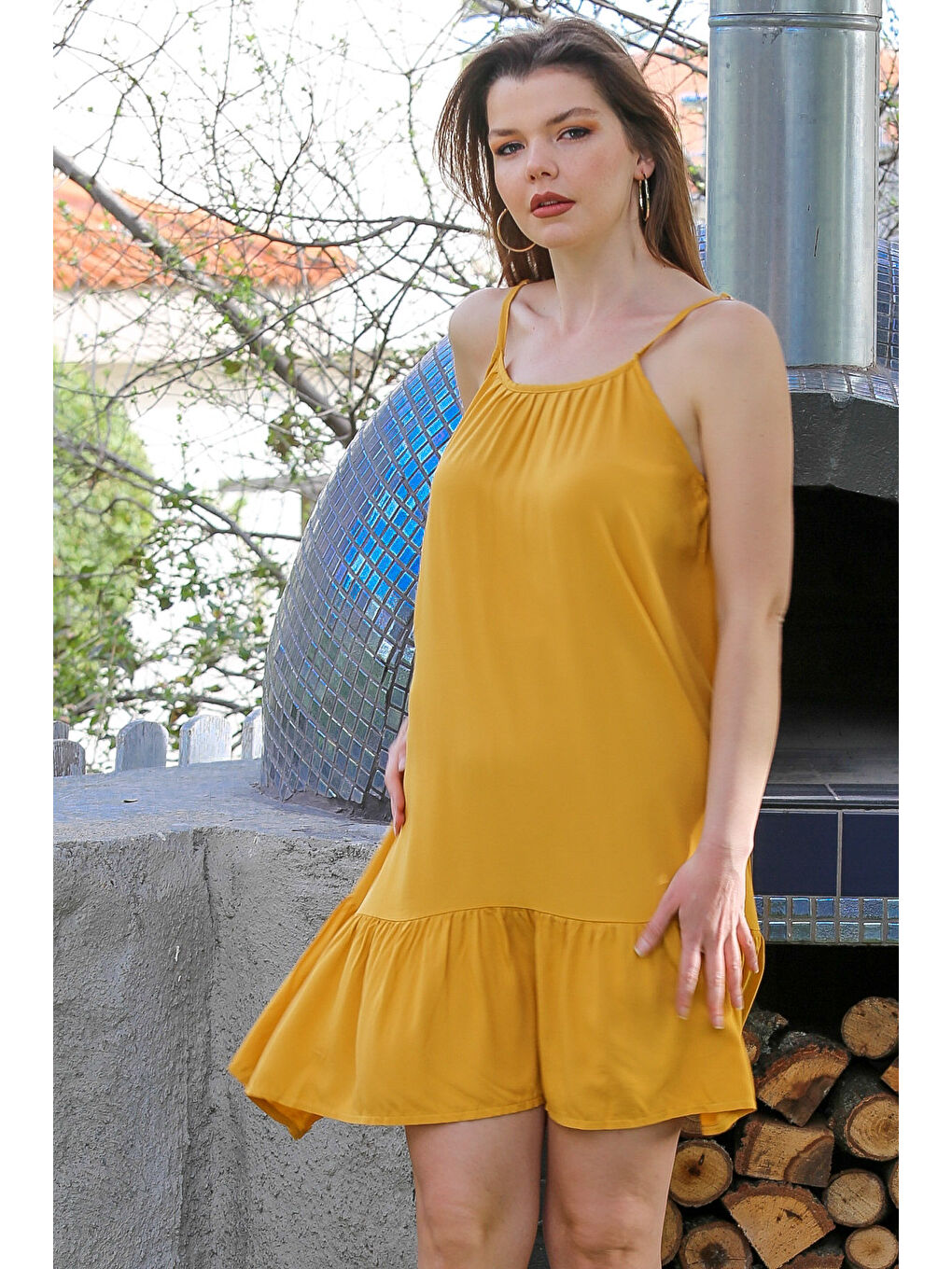 Sarı Hardal Eteği Fırfırlı Ayarlanabilir Askılı Casual Viskon Dokuma Elbise 105 66