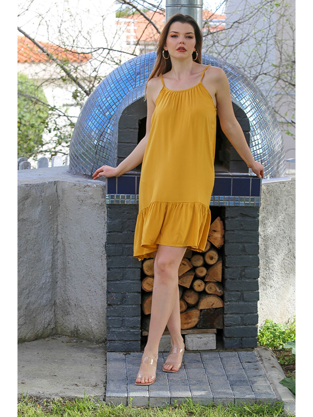 Sarı Hardal Eteği Fırfırlı Ayarlanabilir Askılı Casual Viskon Dokuma Elbise 105 66-1