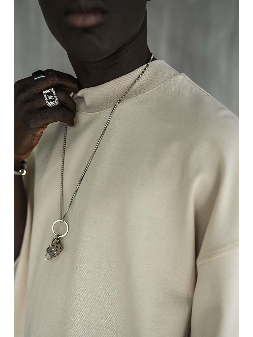 Erkek Oversize Fitilli Bisiklet Yaka Tişört Açık Bej-3