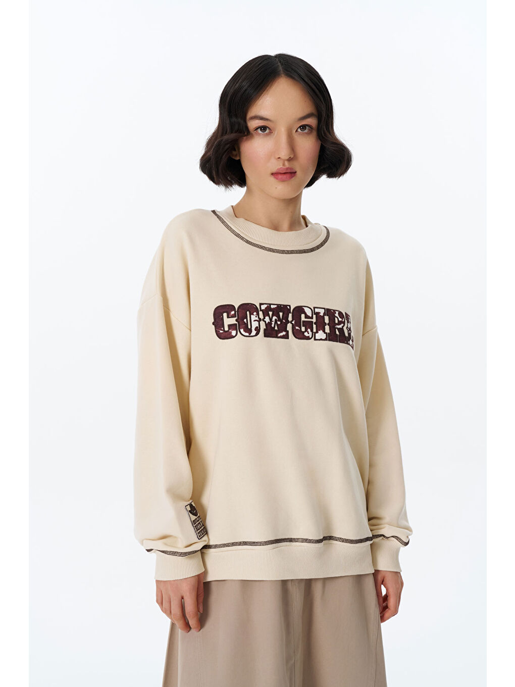 QUZU Kovboy Desenli Sweatshirt Bej