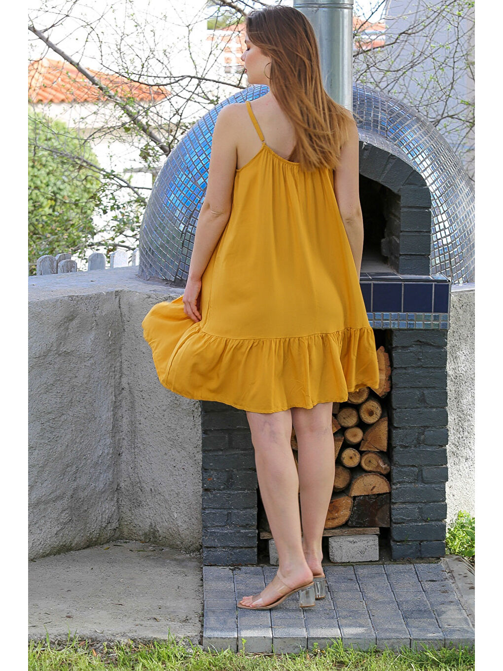 Sarı Hardal Eteği Fırfırlı Ayarlanabilir Askılı Casual Viskon Dokuma Elbise 105 66-4