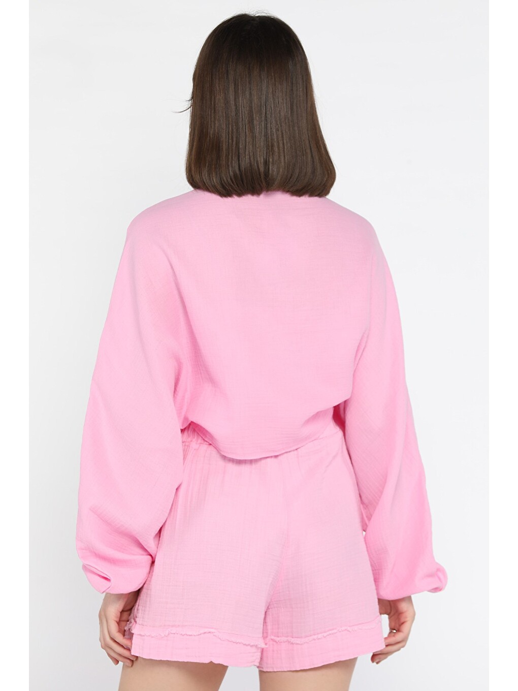 Pembe Kadın Yarasa Kol Ön Bağlamalı Bluz-2