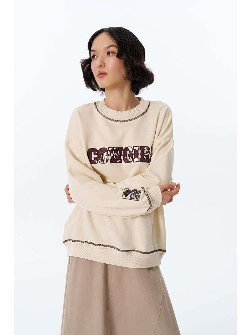 QUZU Kovboy Desenli Sweatshirt Bej - 3