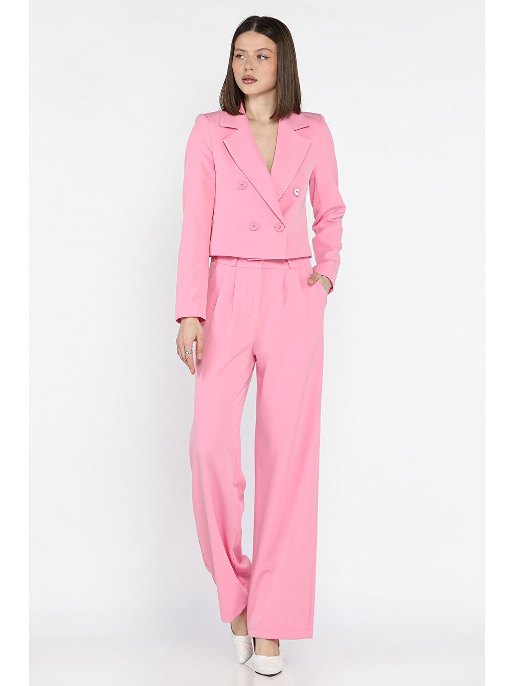 Pembe Kadın Dört Düğmeli Blazer Ceket Palazzo Pantolon İkili Takım-1