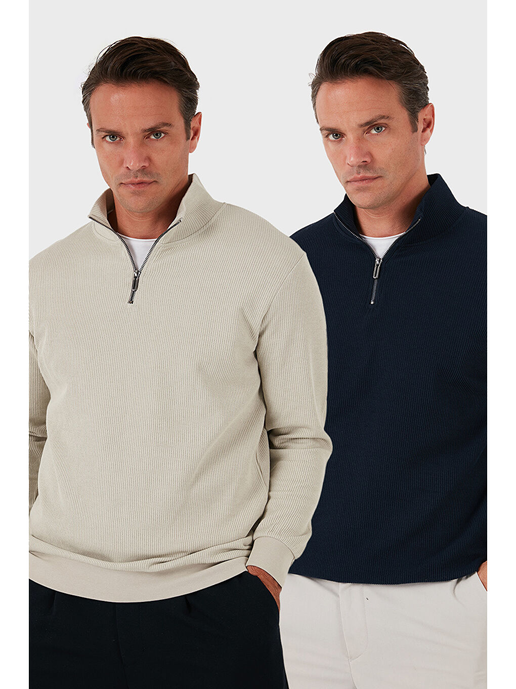 Lacivert Pamuklu Regular Fit Yarım Fermuarlı Dik Yaka 2'li Paket Sweat 5905716S2