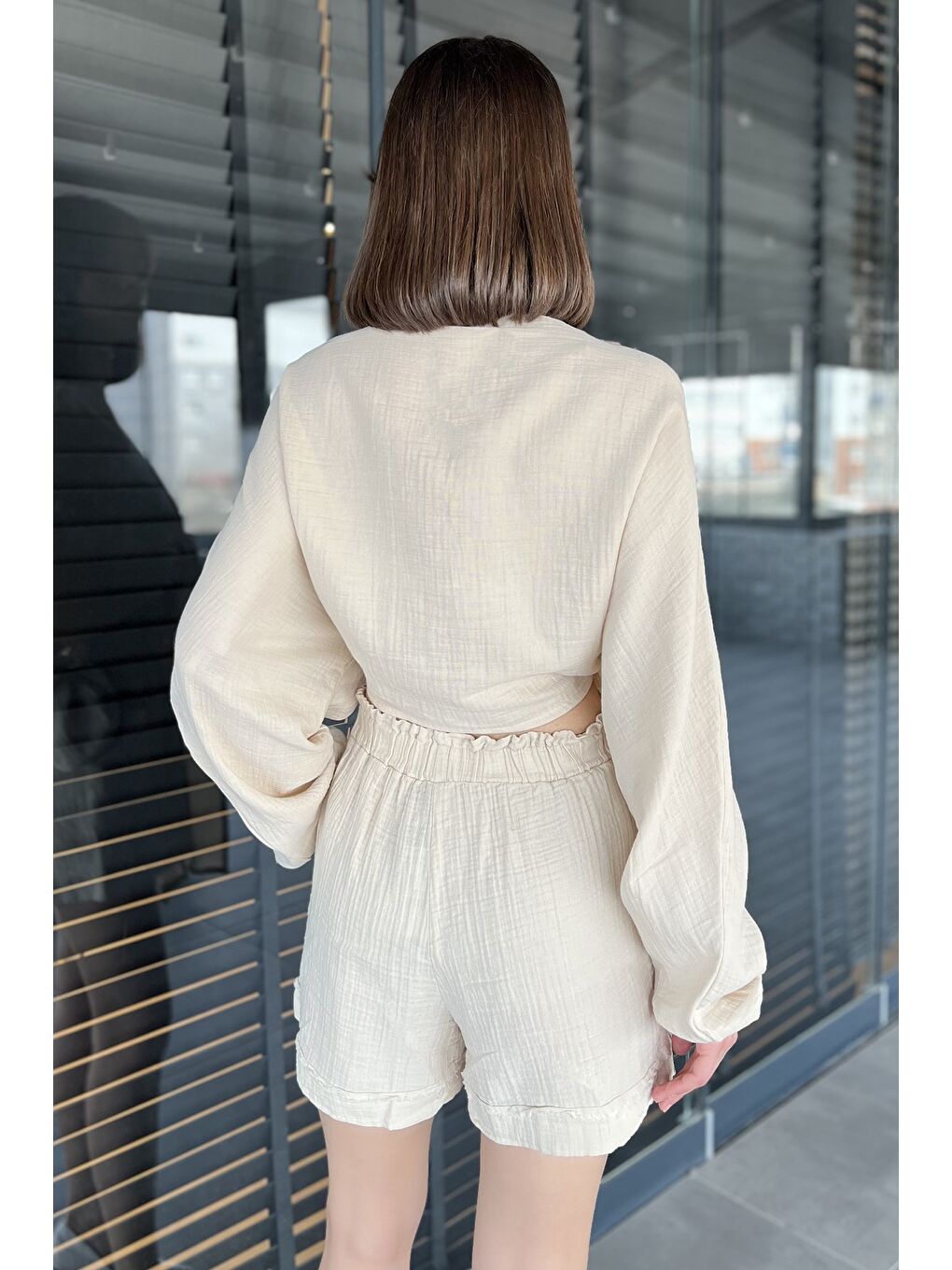 Bej Kadın Yarasa Kol Ön Bağlamalı Bluz-2