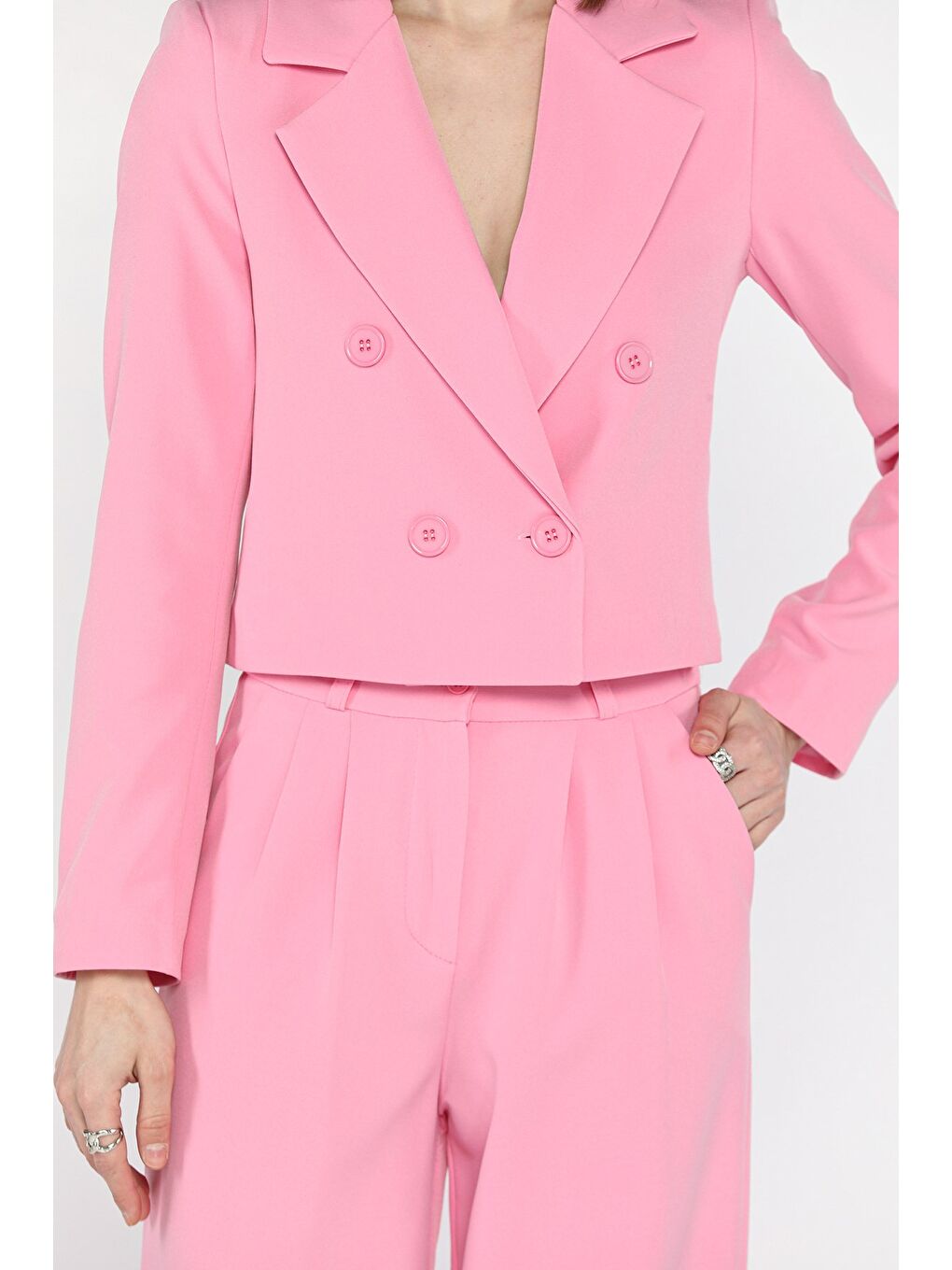 Pembe Kadın Dört Düğmeli Blazer Ceket Palazzo Pantolon İkili Takım-3