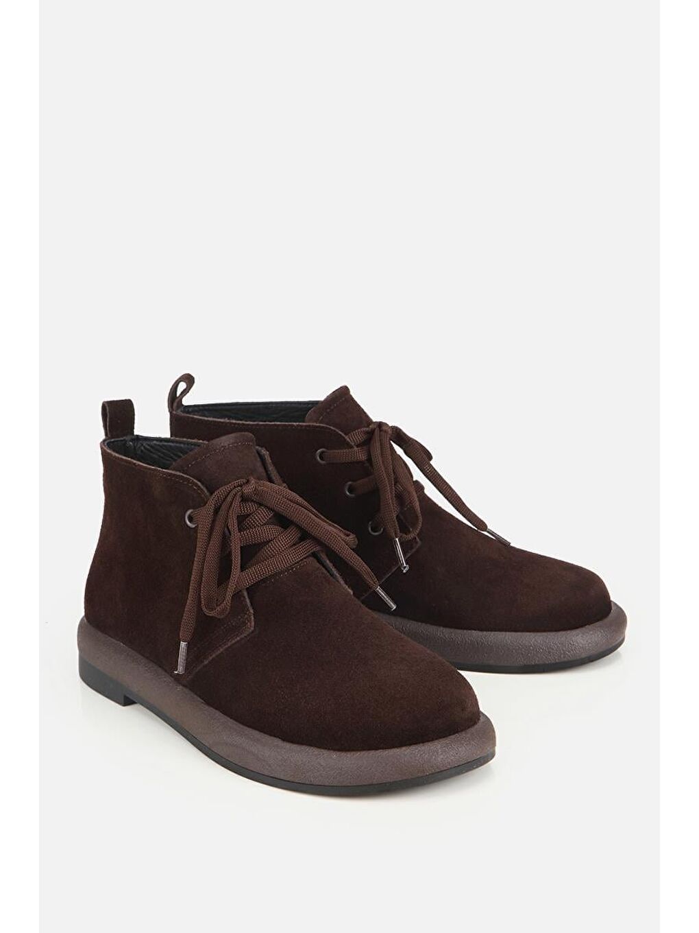 Kadın Süet Deri Kahverengi Bağcıklı Düz Bot-1