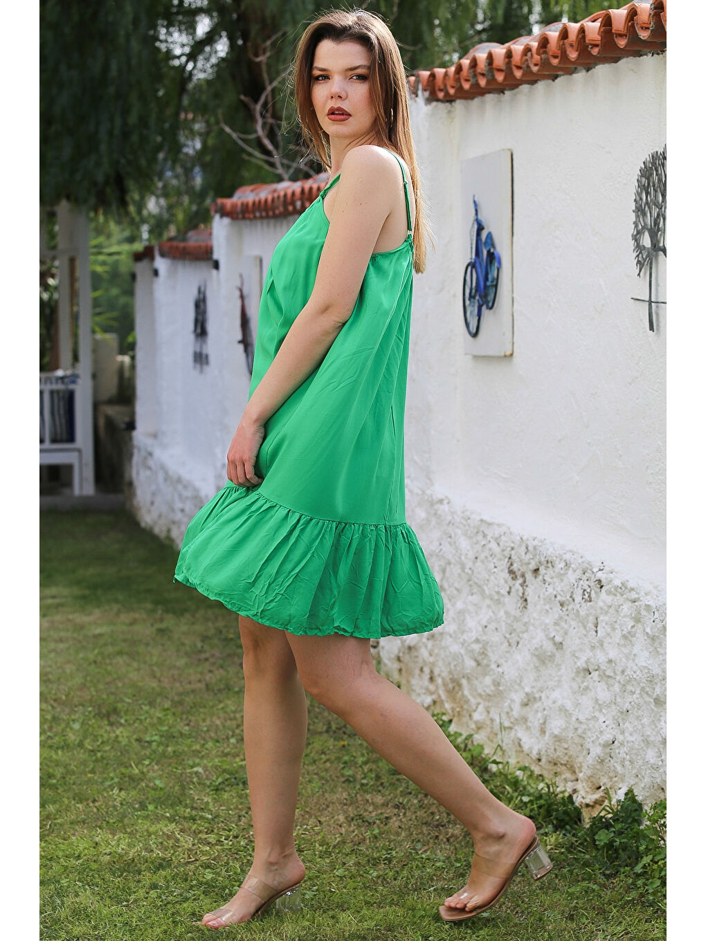 Yeşil Eteği Fırfırlı Ayarlanabilir Askılı Casual Viskon Dokuma Elbise 105 66-4
