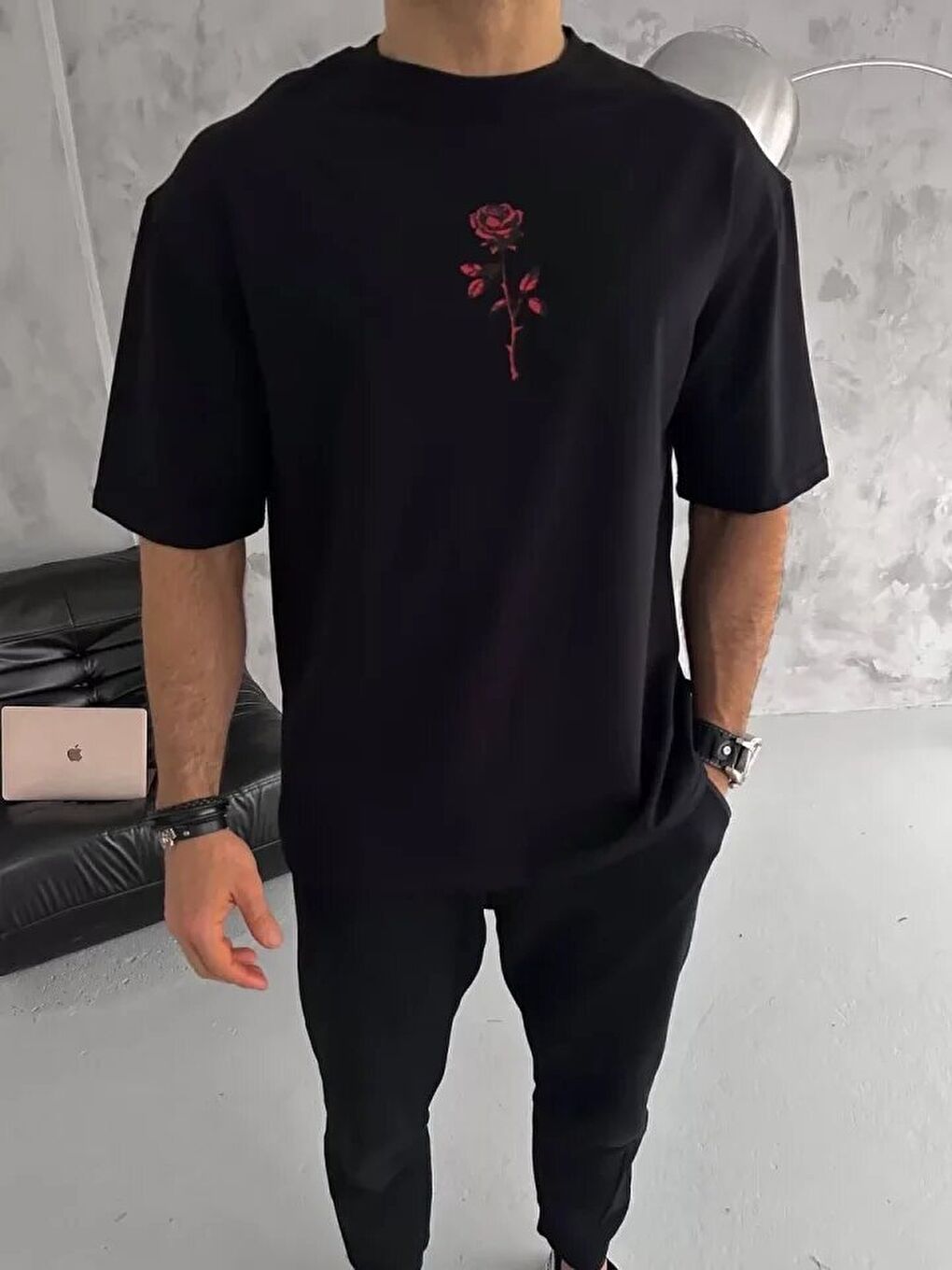 Unisex Bisiklet Yaka Baskılı Oversize T-Shirt - Siyah