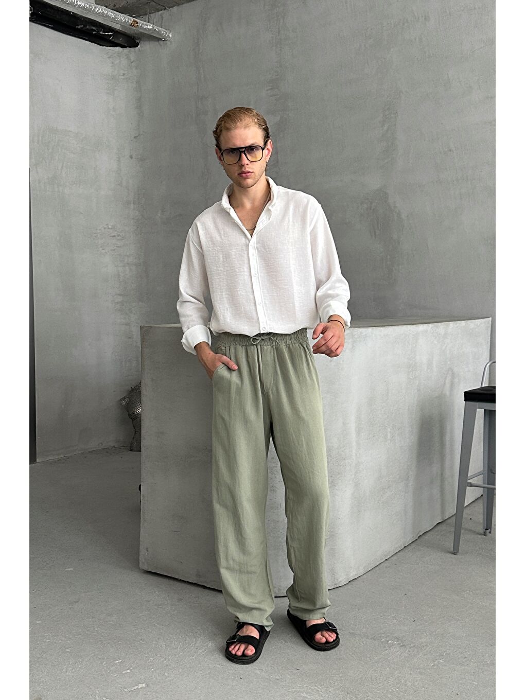 Haki Erkek Beli Lastikli Baggy Kalıp Keten Pantolon