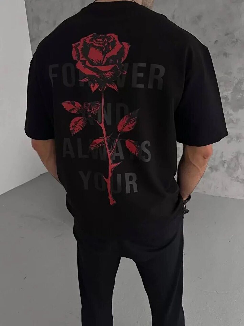 Unisex Bisiklet Yaka Baskılı Oversize T-Shirt - Siyah-1