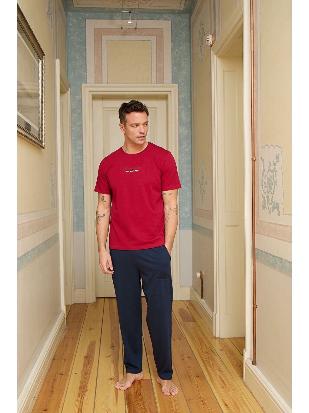 Erkek Kırmızı %100 Pamuk Kısa Kollu Pijama Takımı