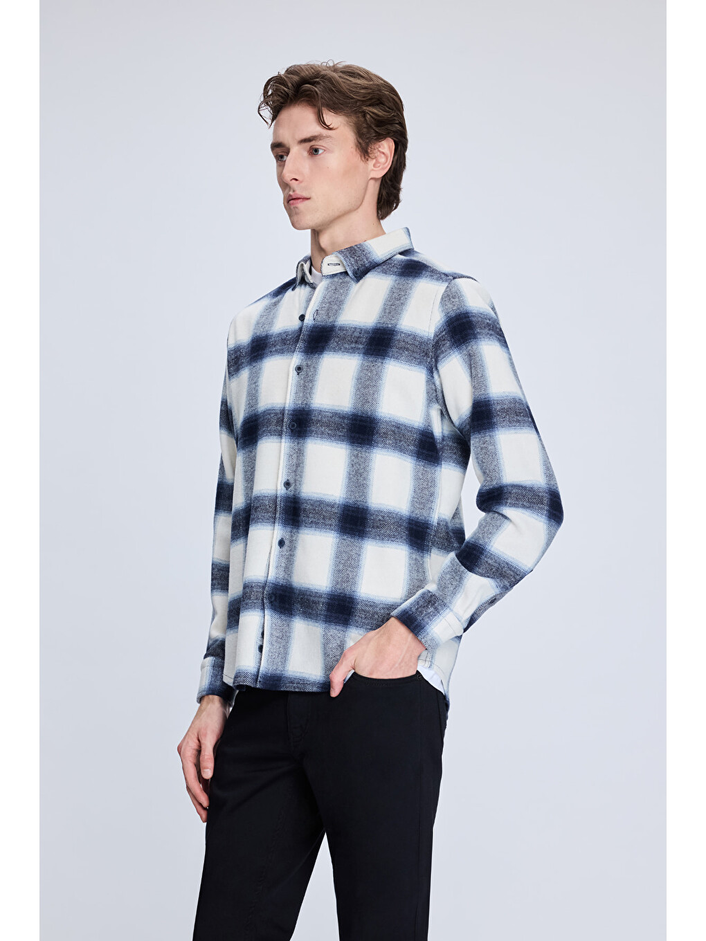 Lacivert Slim Fit Kareli Düğmeli Yaka Uzun Kollu Pamuklu Gömlek-2