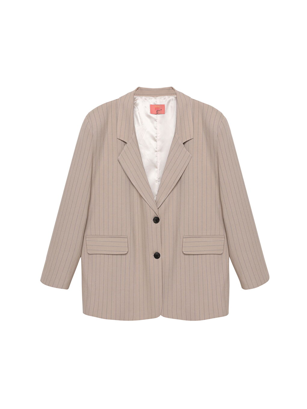 QUZU İnce Çizgili Düğmeli Oversize Blazer Ceket Bej